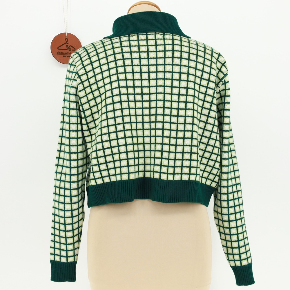 A Lot Studio Green Grid Cropped Varsity Cardigan Sweater Letterman Patch Medium - Picture 3 of 12